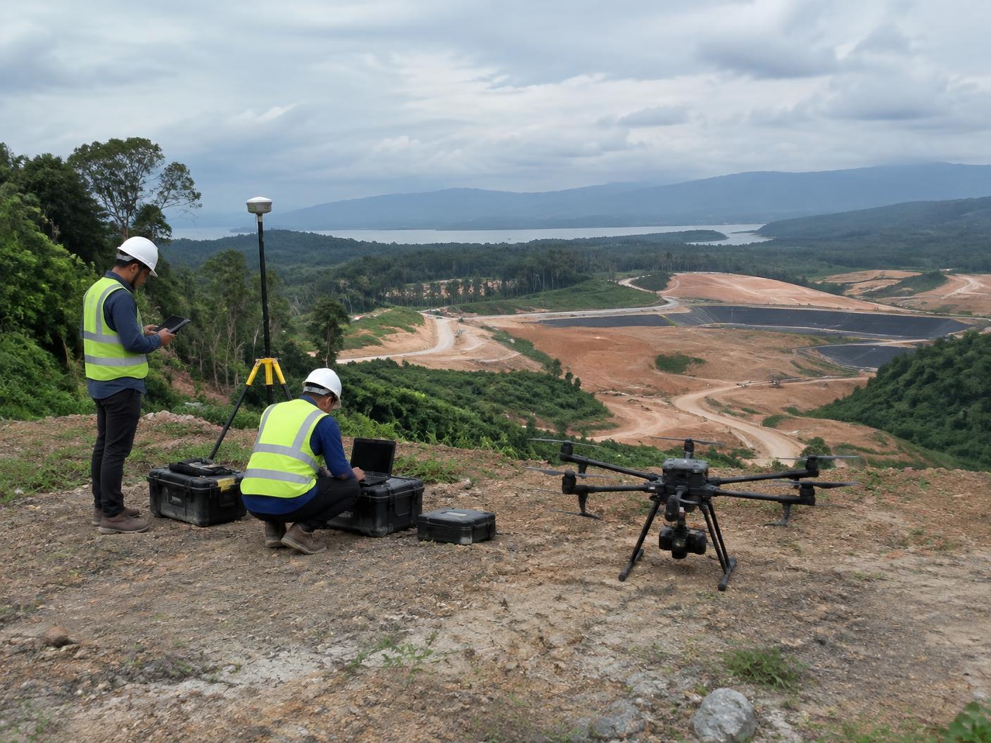 Drone and survey crew capturing a Malaysian development site